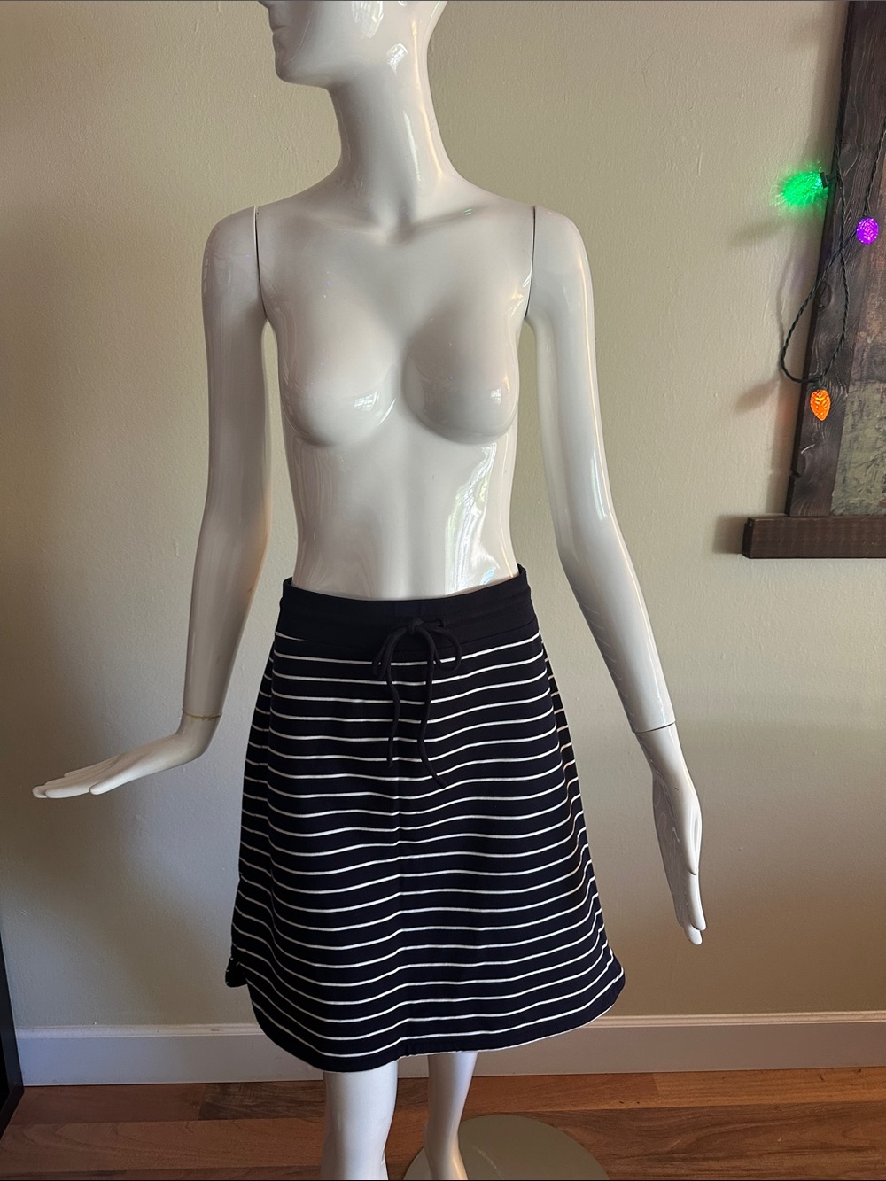 Talbots Black and White Striped A-Line Drawstring Skirt